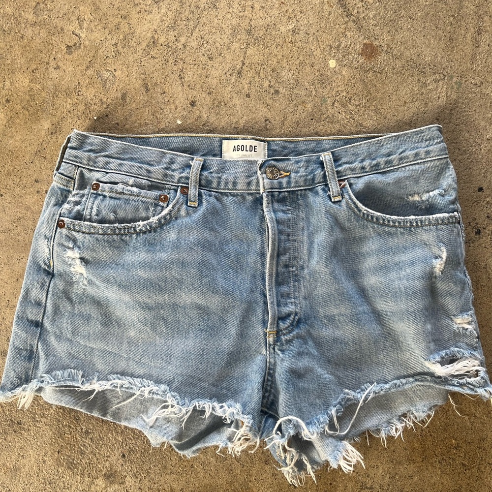 AGOLDE Washed Light Blue Distressed Denim Cutoff Shorts